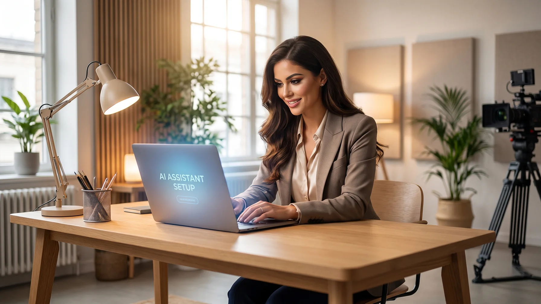 A creator configuring an AI assistant on a laptop at a modern desk — AI chatbot setup for adult creators