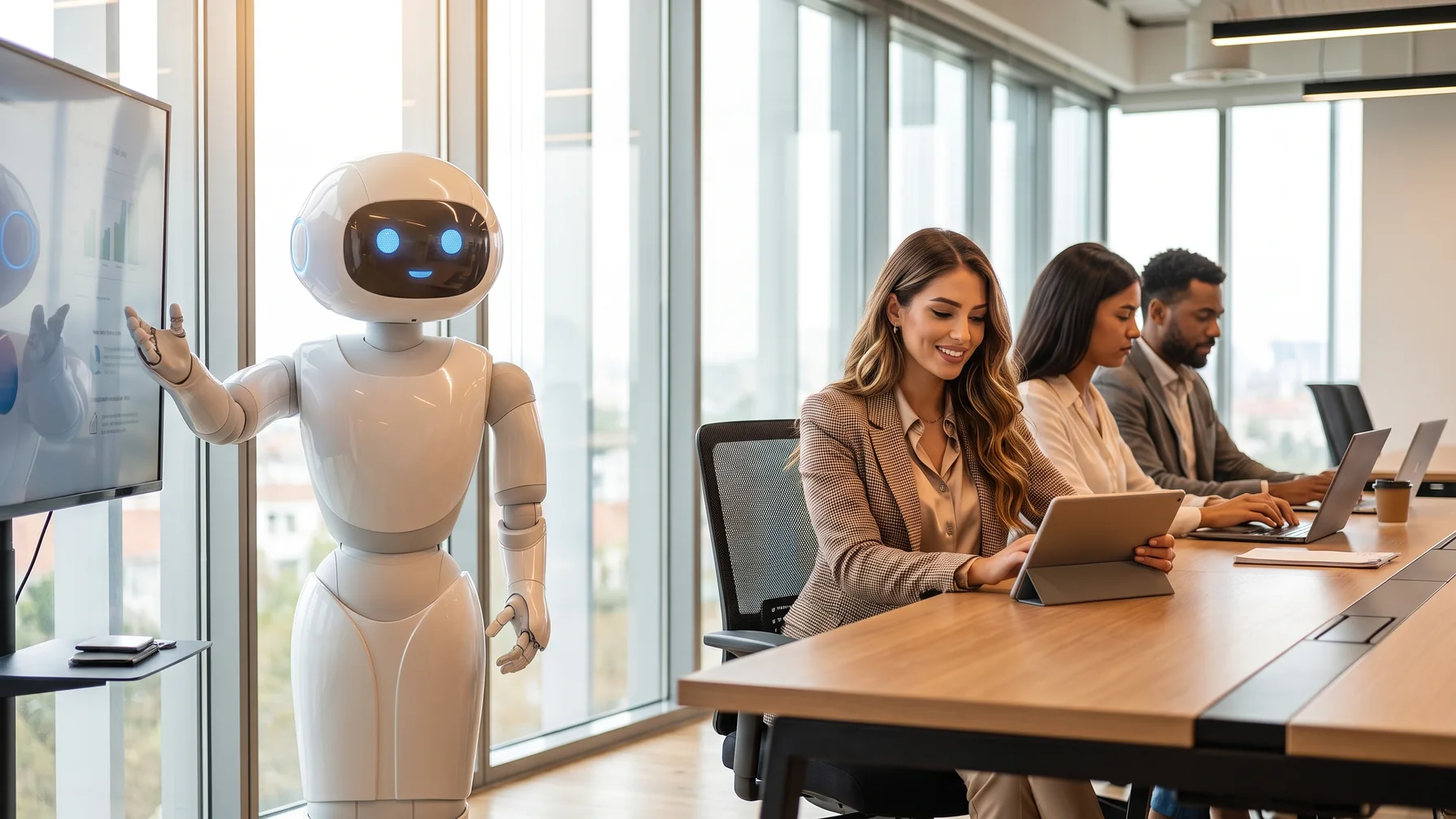 An AI robot beside a human team at a desk — AI chatbot vs team inbox for Telegram creators