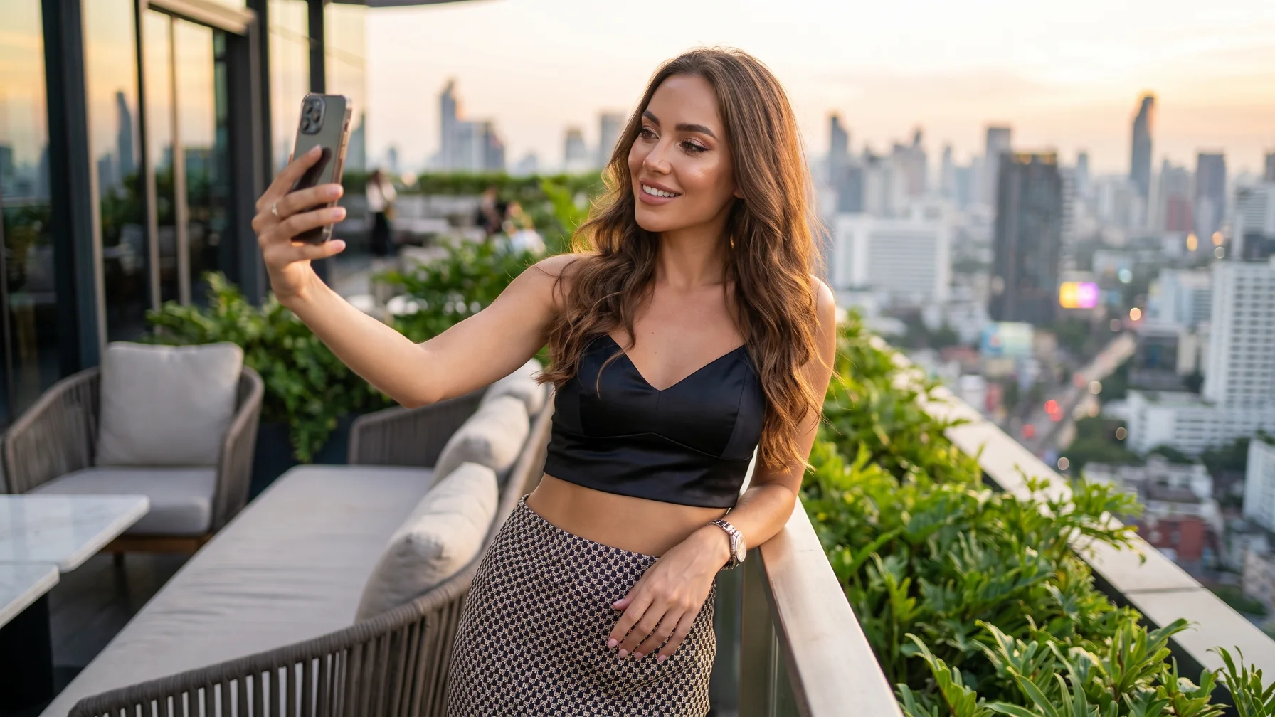 Making money with an AI influencer: a virtual creator using a smartphone in a cafe