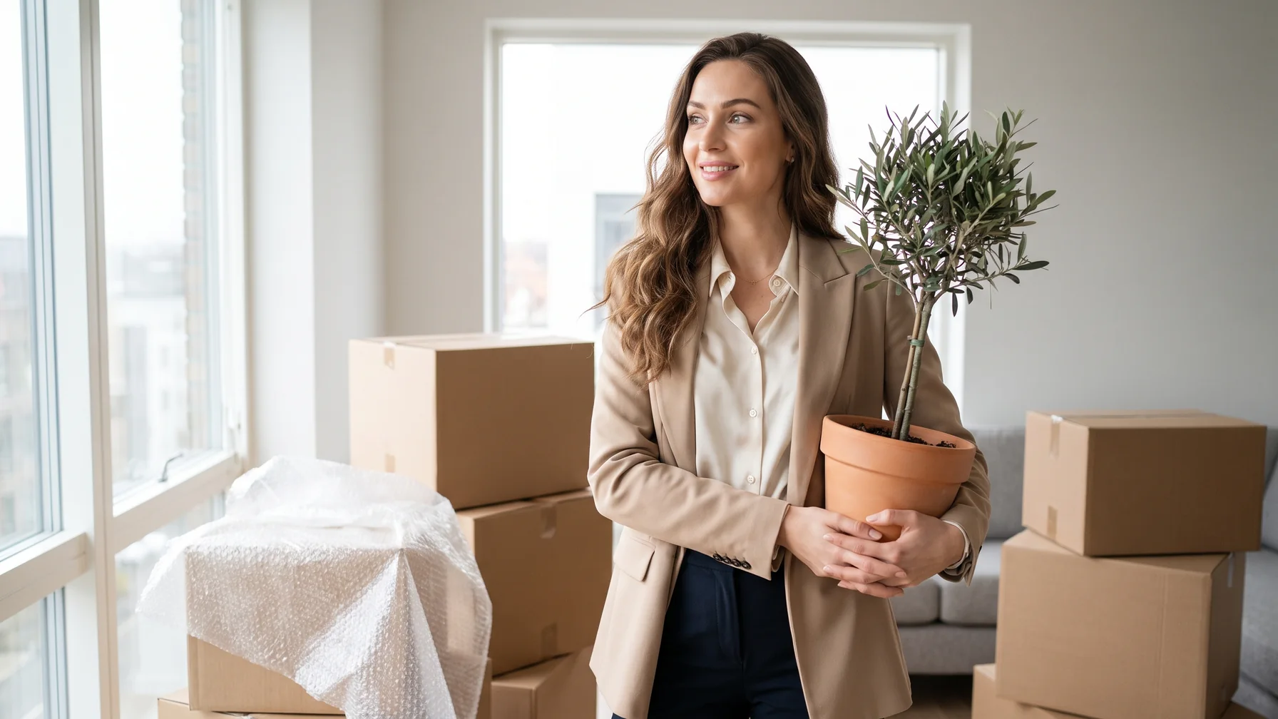 A creator with packed moving boxes in a new apartment — moving fans safely from Fanvue to Telegram