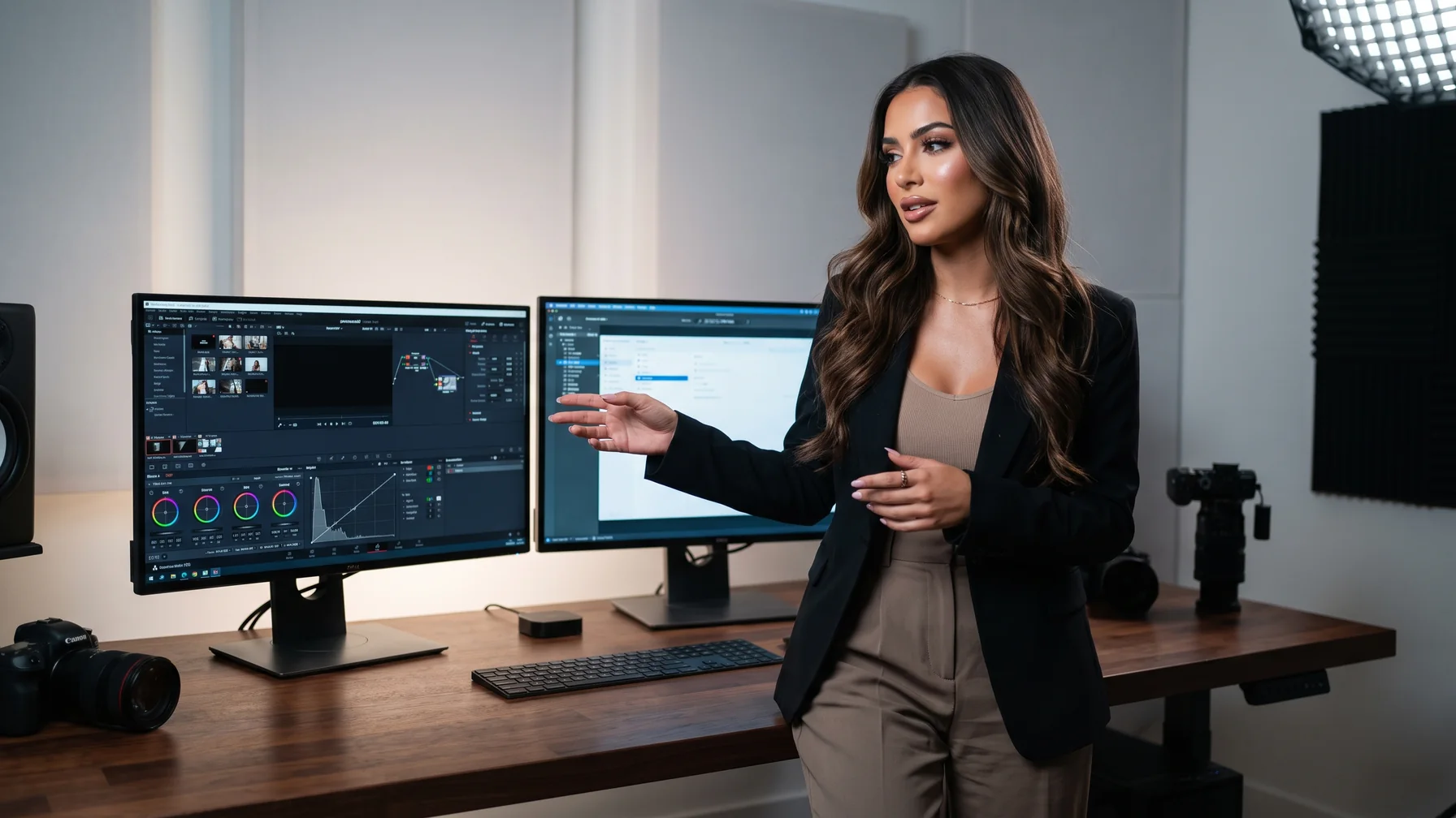 A creator comparing two platforms on side-by-side monitors — selling on Telegram vs OnlyFans