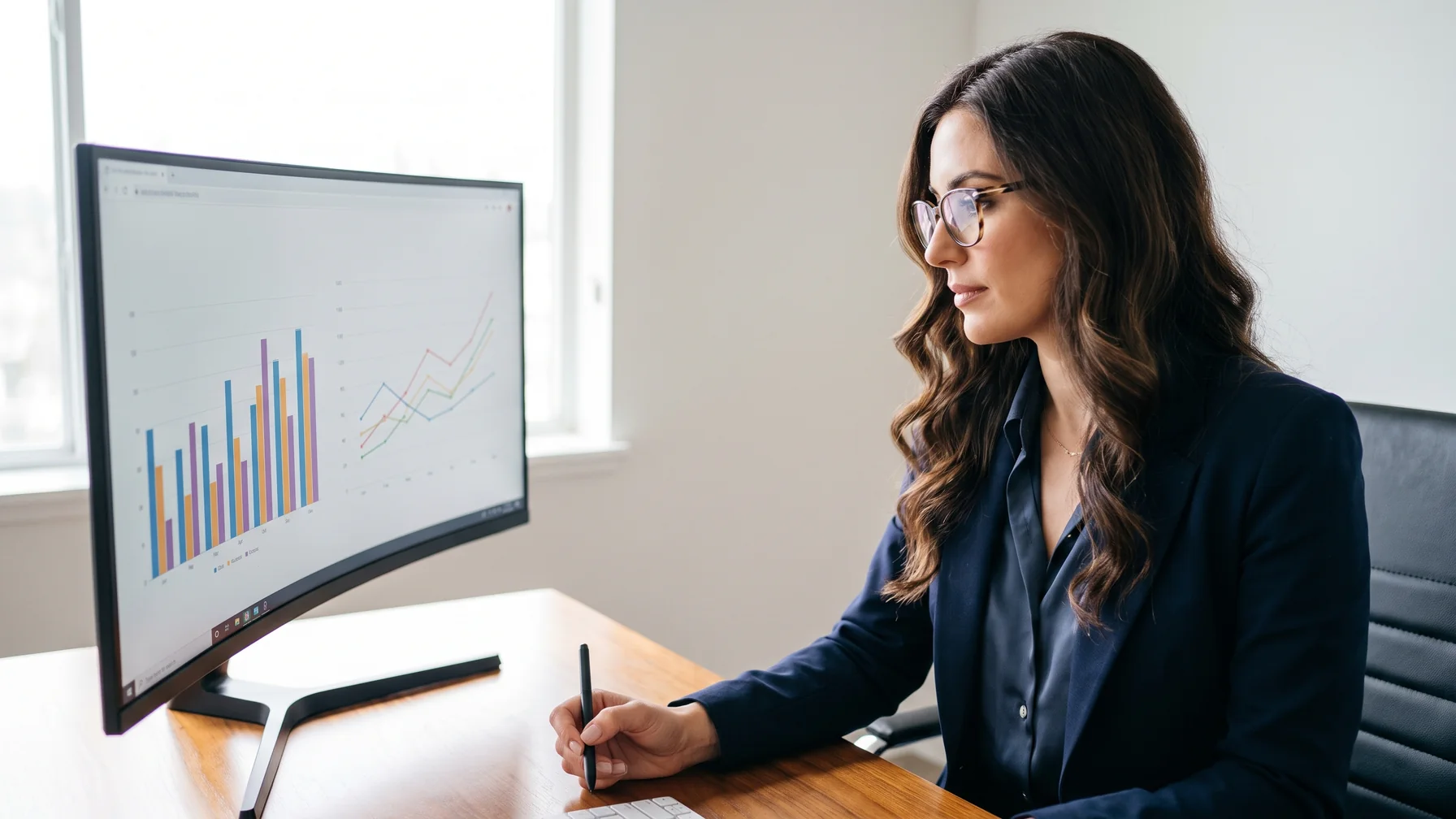 A creator studying analytics charts on a large monitor — Telegram analytics that predict revenue